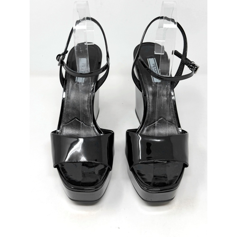 Prada Black Patent Leather Platform Wedge Sandals Size 41 Ankle Strap Heels - Picture 2 of 9